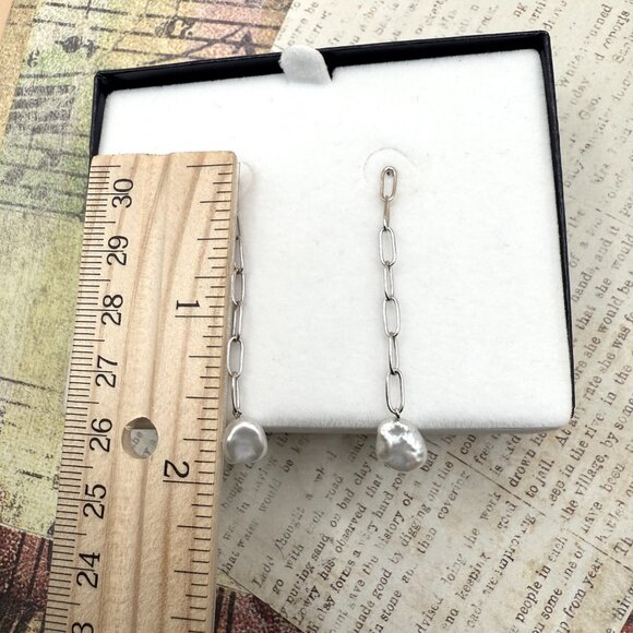 New Sterling Silver White Pearl Long Dangle Earrings in Jewelry Box Pierced - Picture 5 of 10